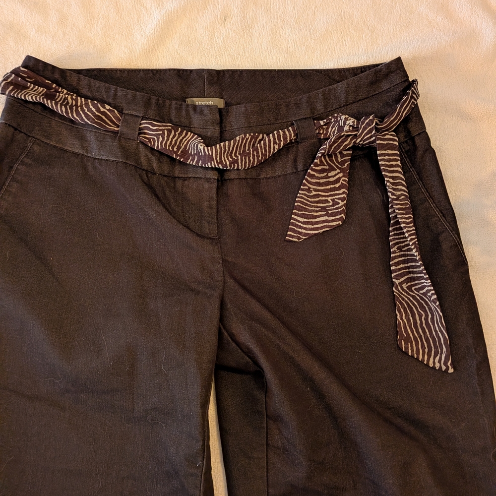 Brown Wide-Leg Cropped Pants with Pretty Patterned Tie